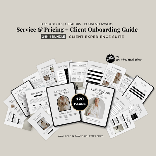 Preview of the Client Onboarding Welcome Packet Canva template featuring editable pages for coaches, consultants, freelancers, and service-based businesses.