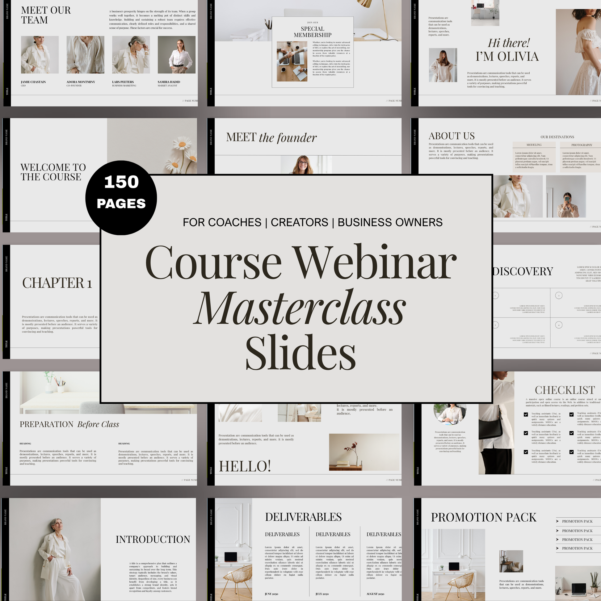 Course webinar masterclass slides Canva presentation template with 150 editable slides