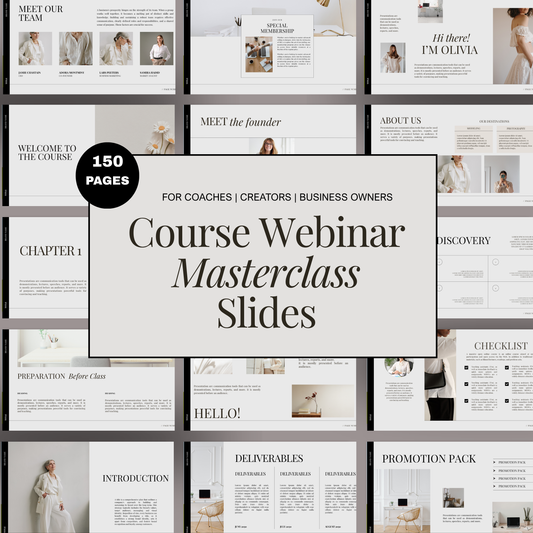 Course webinar masterclass slides Canva presentation template with 150 editable slides