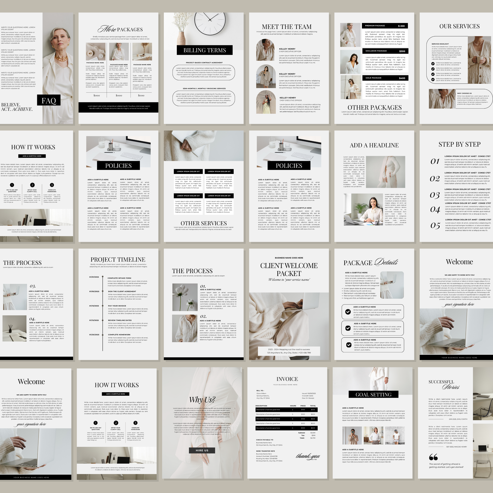 Preview of the Client Onboarding Welcome Packet Canva template featuring editable pages for coaches, consultants, freelancers, and service-based businesses.
