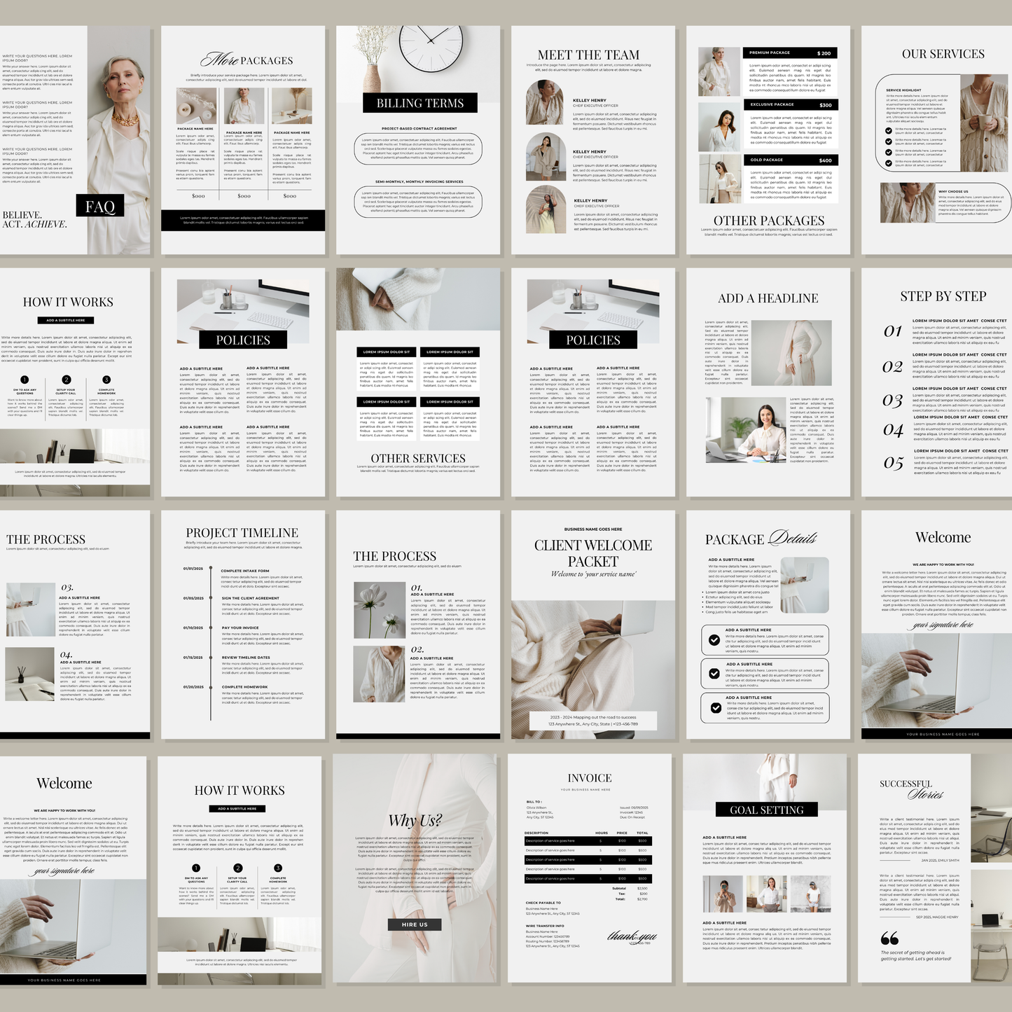 Preview of the Client Onboarding Welcome Packet Canva template featuring editable pages for coaches, consultants, freelancers, and service-based businesses.