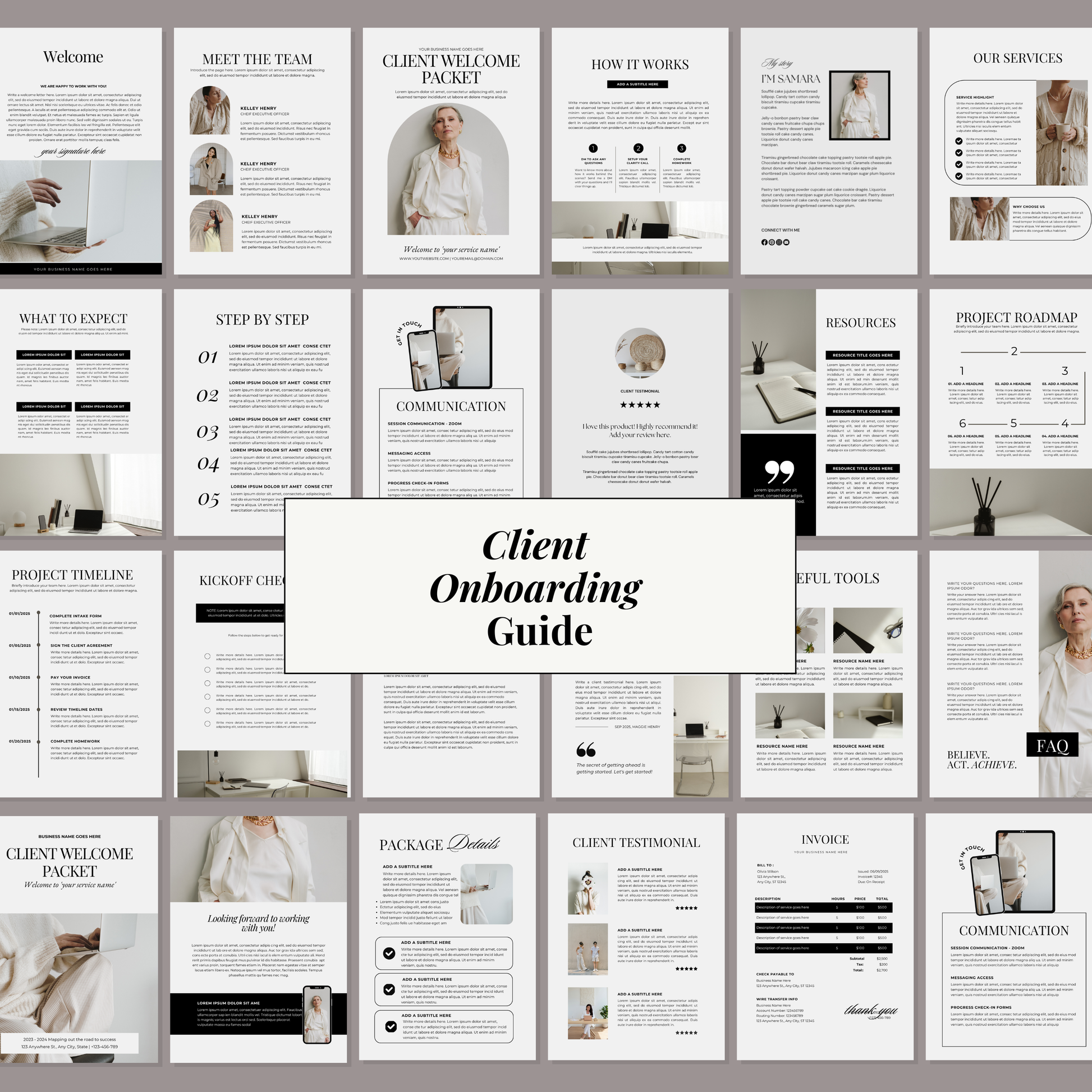 Preview of the Client Onboarding Welcome Packet Canva template featuring editable pages for coaches, consultants, freelancers, and service-based businesses.