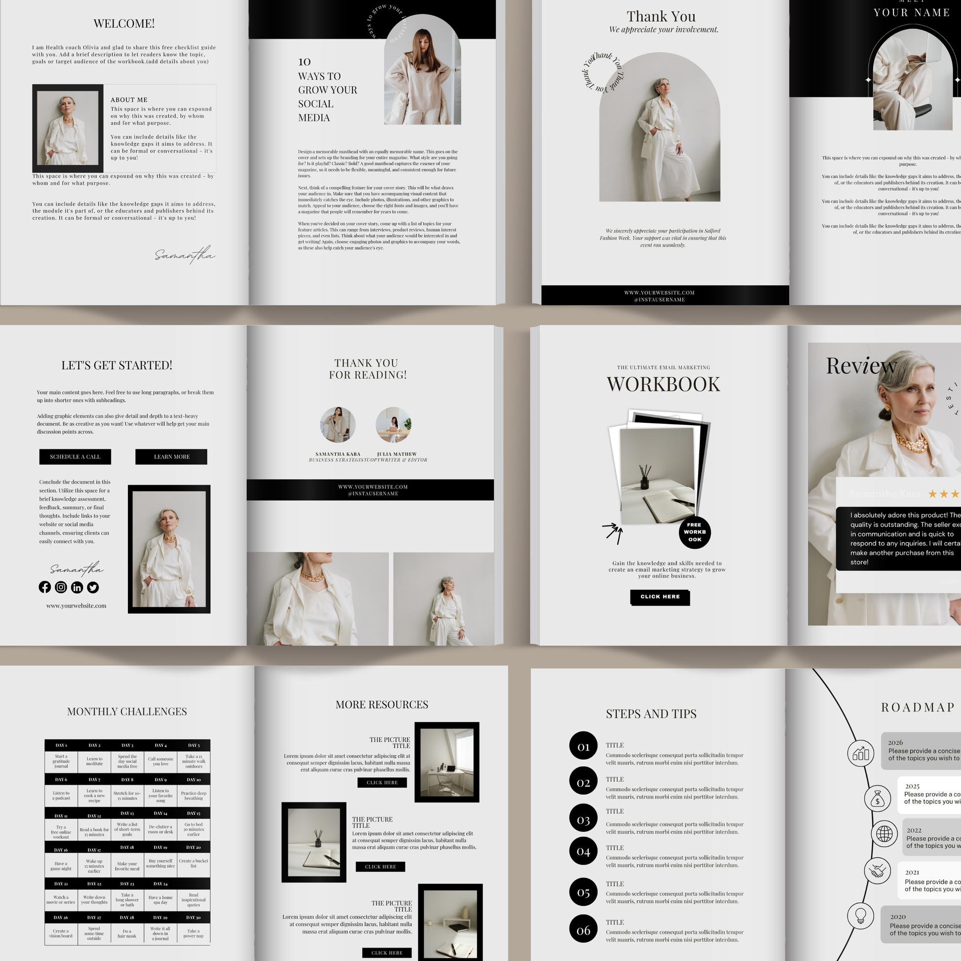 Luxury Canva workbook template for coaches with editable pages for digital products