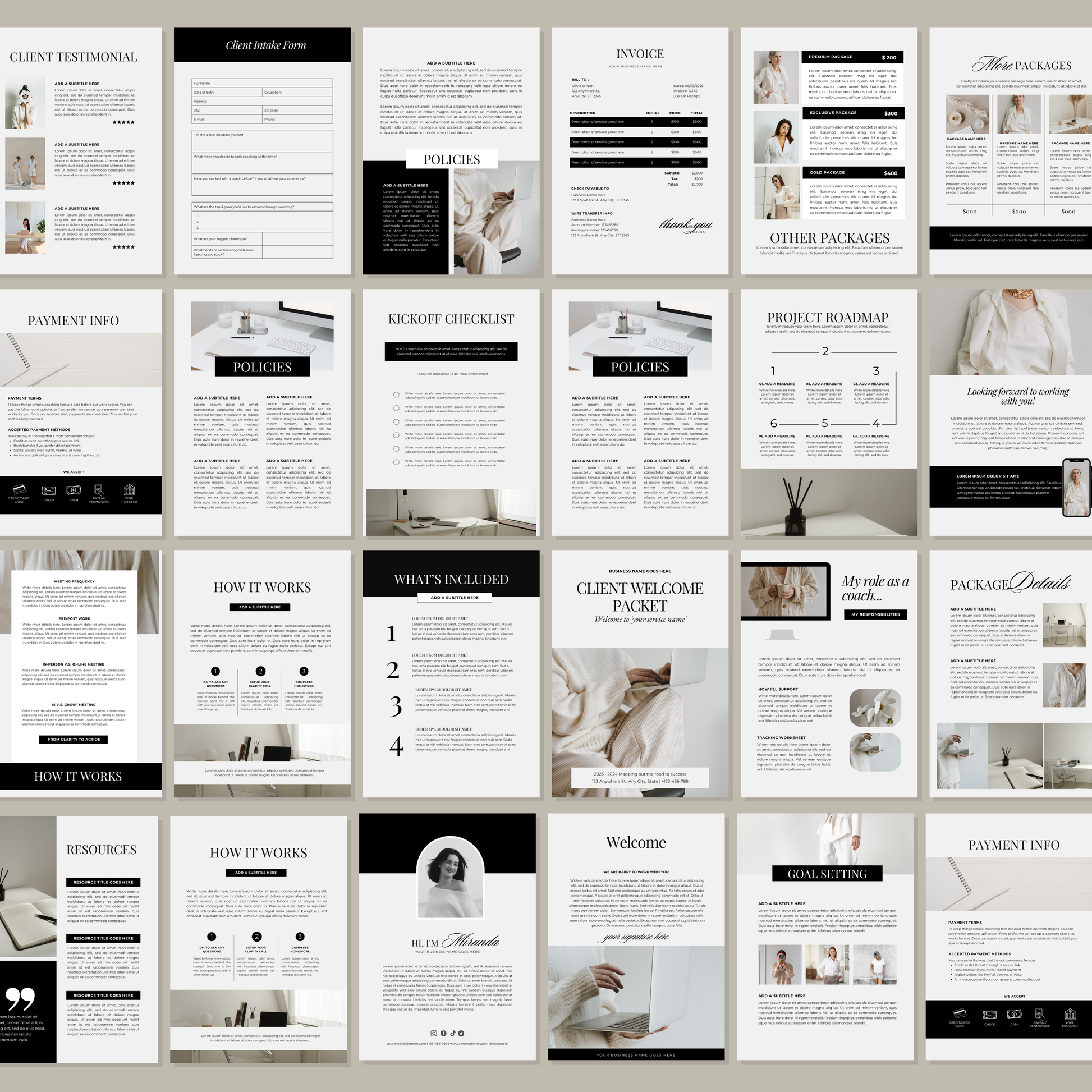Preview of the Client Onboarding Welcome Packet Canva template featuring editable pages for coaches, consultants, freelancers, and service-based businesses.